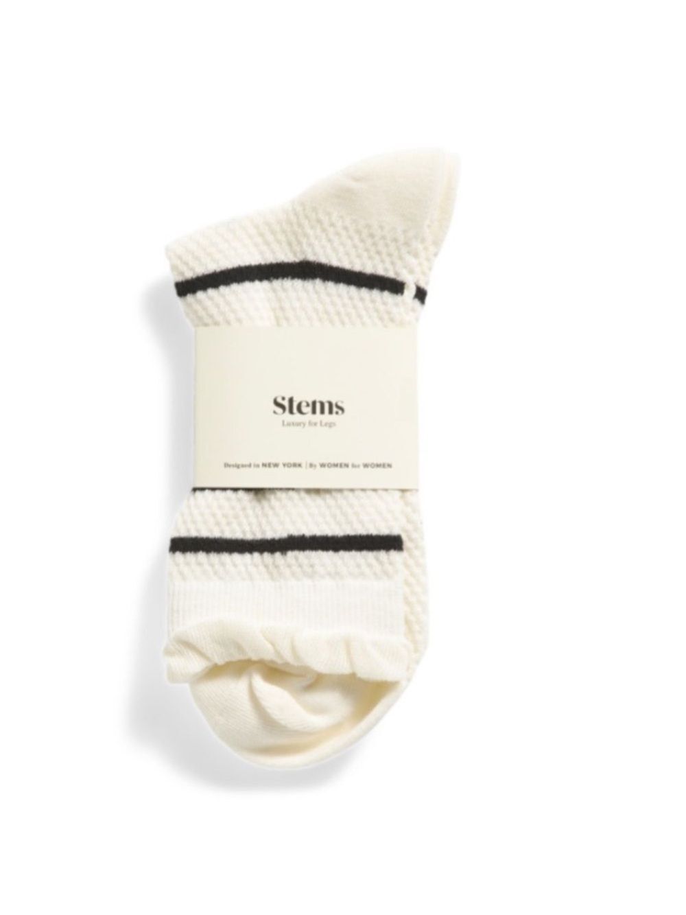 Stems 1 Pair Ivory Black Stripes Ribbed Ruffled Lettuce Hem Stretch Cotton Socks